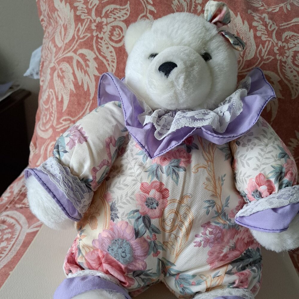 Vintage Circus Circus White Polar Bear with Pink Floral Body - Plush Teddy Bear